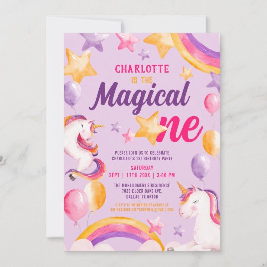 Invitation Unicorn arc-en-ciel violet magique 1er anniversair (Devant)