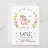 Invitation Unicorn Baby Girl Floral 1er fête d'anniversaire (Devant)