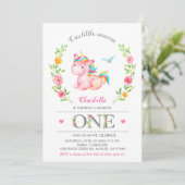 Invitation Unicorn Baby Girl Floral 1er fête d'anniversaire (Debout devant)