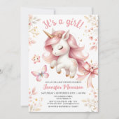 Invitation Unicorn Baby shower fille Floral Blush rose Unicor (Devant)