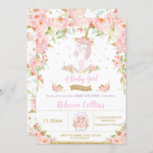 Invitation Unicorn Baby shower Girl rose géant