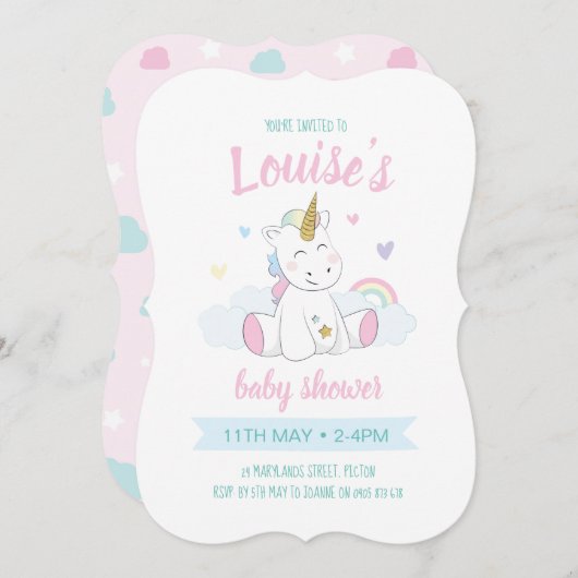 Invitation Unicorn baby shower Invitation, unicorn mignon (Devant / Derrière)