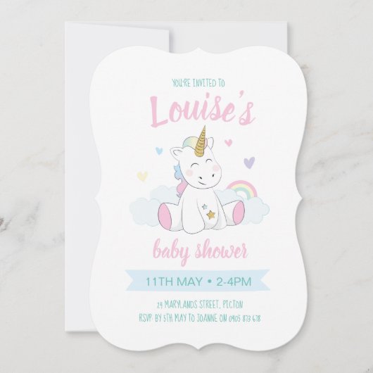 Invitation Unicorn baby shower Invitation, unicorn mignon (Devant)