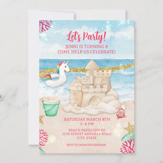 Invitation Unicorn Beach Summer Birthday Party Télécharger (Devant)