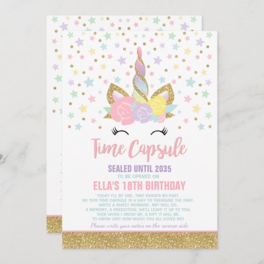 Invitation Unicorn Birthday Guestbook Time Capsule Avec Notes (Devant / Derrière)