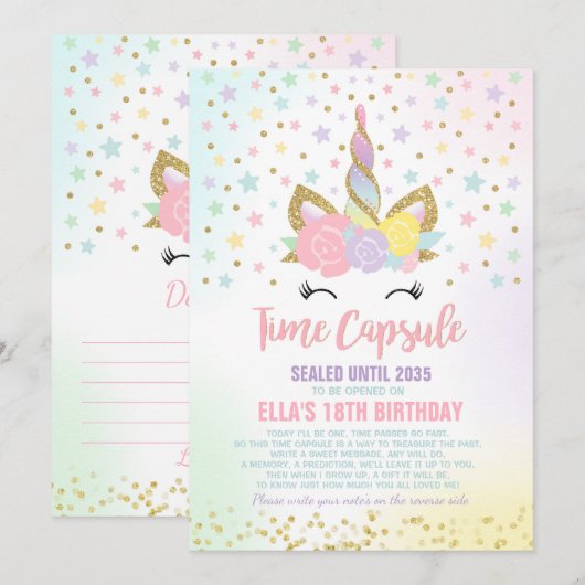 Invitation Unicorn Birthday Guestbook Time Capsule Avec Notes (Devant / Derrière)
