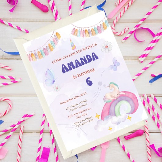 Invitation Unicorn Birthday Party, Rainbow & Clouds for Kids