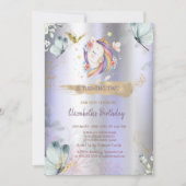 Invitation Unicorn Bleu Papillons Violet Metallday (Devant)