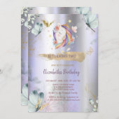 Invitation Unicorn Bleu Papillons Violet Metallday (Devant / Derrière)