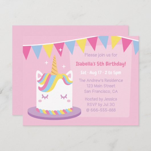 Invitation Unicorn Cake Bunting drapeaux Filles fête d'annive (Devant / Derrière)