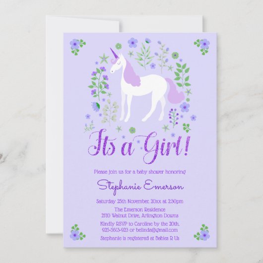 Invitation Unicorn C'Est Une Fille Violet Baby shower Invitat (Devant)
