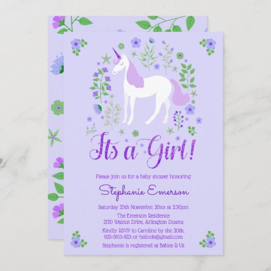 Invitation Unicorn C'Est Une Fille Violet Baby shower Invitat (Devant / Derrière)