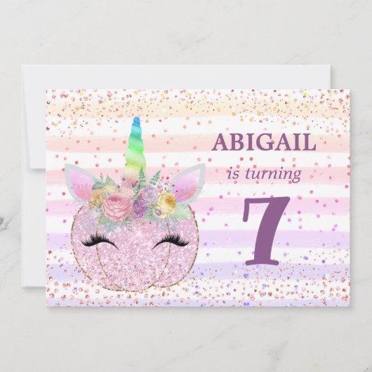 Invitation Unicorn Citrouille Girls 7e anniversaire (Devant)