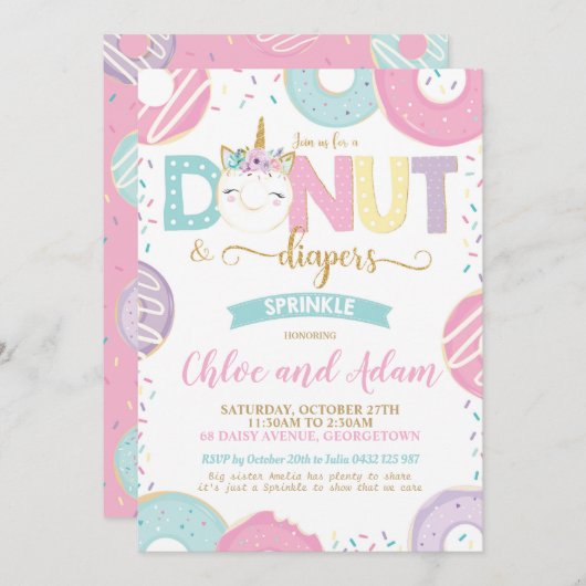 Invitation Unicorn Donut et Diapers Baby Sprinkle Douche (Devant / Derrière)