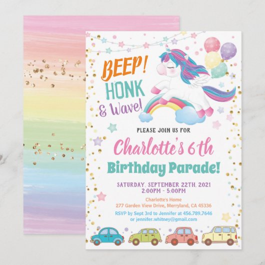 Invitation Unicorn Drive Through Girl Birthday Parade (Parade (Devant / Derrière)