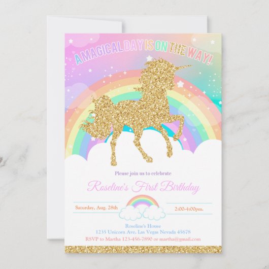 Invitation Unicorn et Rainbow Pastel Unicorn Anniversaire (Devant)