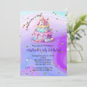 Invitation Unicorn étincelle Bleu pourpre gâteau 4e anniversa (Debout devant)