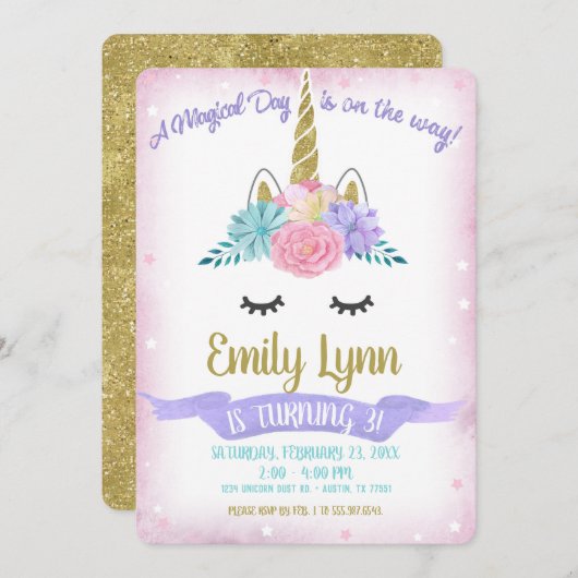 Invitation Unicorn Face Gold Parties scintillant Fleurs paste (Devant / Derrière)