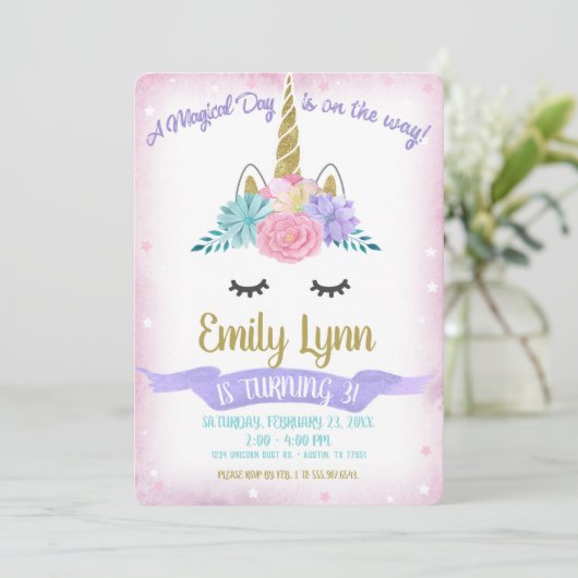 Invitation Unicorn Face Gold Parties scintillant Fleurs paste (Debout devant)