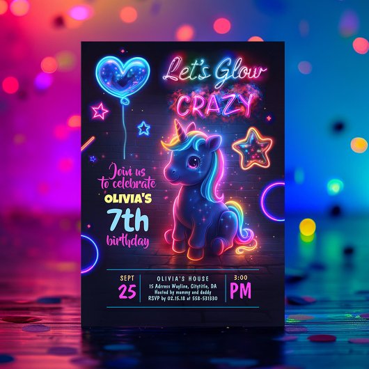 Invitation Unicorn Faisons la fête d'anniversaire de Neon