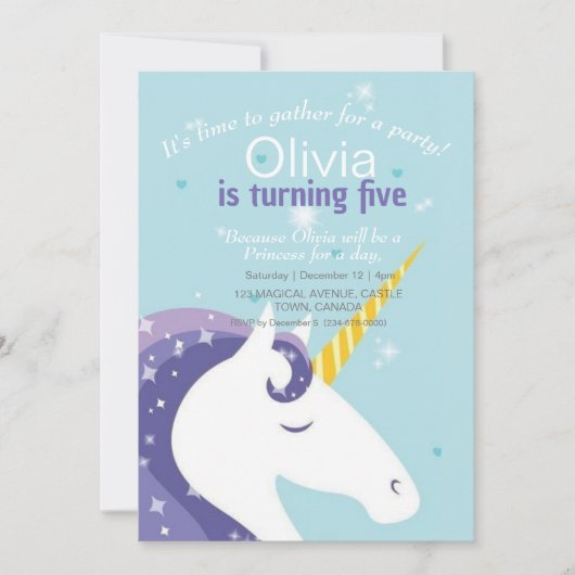 Invitation Unicorn Fée magique fête d'anniversaire 5e (Devant)