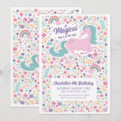 Invitation Unicorn fête d'anniversaire Floral Rose Girls (Devant / Derrière)