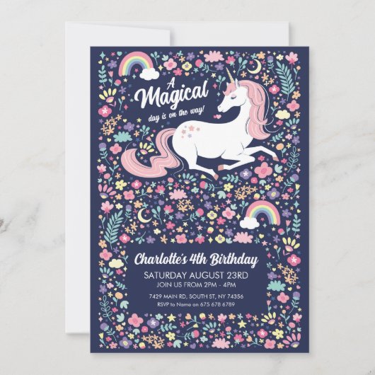 Invitation Unicorn fête d'anniversaire Floral Rose Navy fille (Devant)