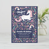 Invitation Unicorn fête d'anniversaire Floral Rose Navy fille (Debout devant)
