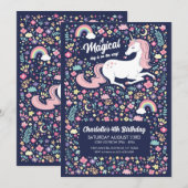 Invitation Unicorn fête d'anniversaire Floral Rose Navy fille (Devant / Derrière)