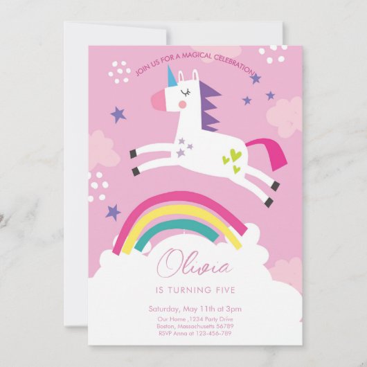 Invitation Unicorn fille anniversaire (Devant)