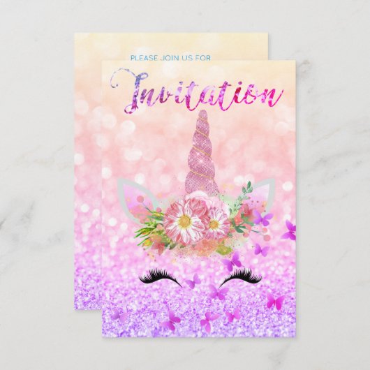 Invitation Unicorn fille Rose rose Parties scintillant Lashes (Devant / Derrière)