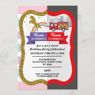 Invitation Unicorn Firetruck Boy Girl Birthday Partagé Amusem