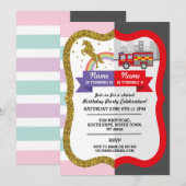 Invitation Unicorn Firetruck Boy Girl Birthday Shared Fun (Devant / Derrière)
