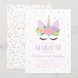 Invitation Unicorn Fleurs Pois de fête d'anniversaire