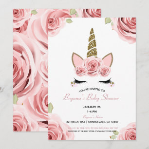 Invitation Unicorn Fleurs Roses Dorées Paillettes Baby Shower