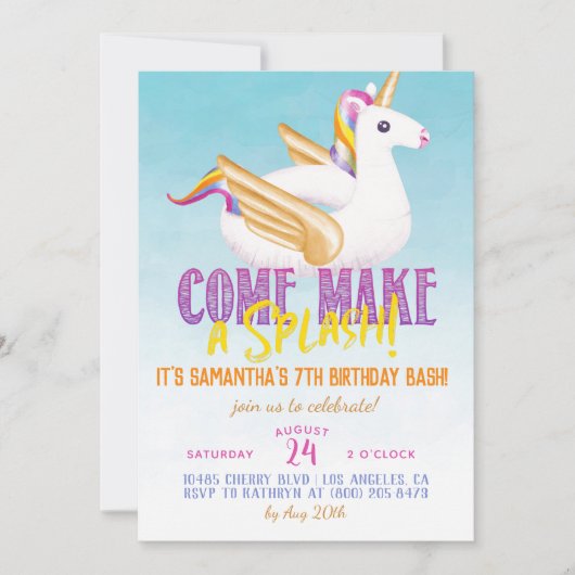 Invitation Unicorn Float Pool Été Anniversaire (Devant)
