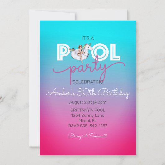 Invitation Unicorn Float Summer Pool 30e anniversaire fête ro (Devant)