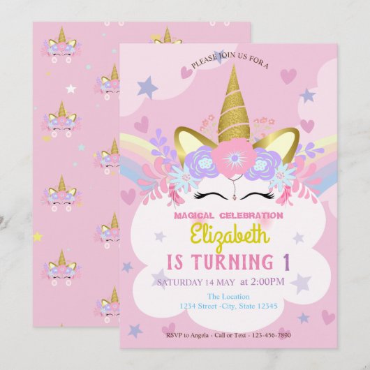 Invitation Unicorn Floral Crown Rainbow Hearts Étoiles Annive (Devant / Derrière)