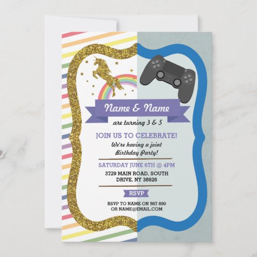 Invitation Unicorn & Gaming Joint Boy girl Birthday Invitatio (Devant)