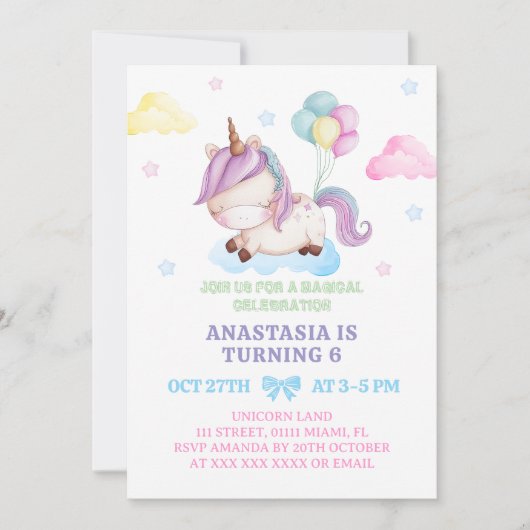 Invitation Unicorn Girl 6e anniversaire Rainbow Party (Devant)