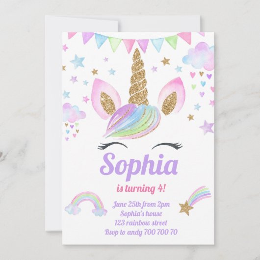 Invitation Unicorn Girl Magique Pastel Rainbow rose Anniversa (Devant)
