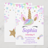 Invitation Unicorn Girl Magique Pastel Rainbow rose Anniversa (Devant / Derrière)