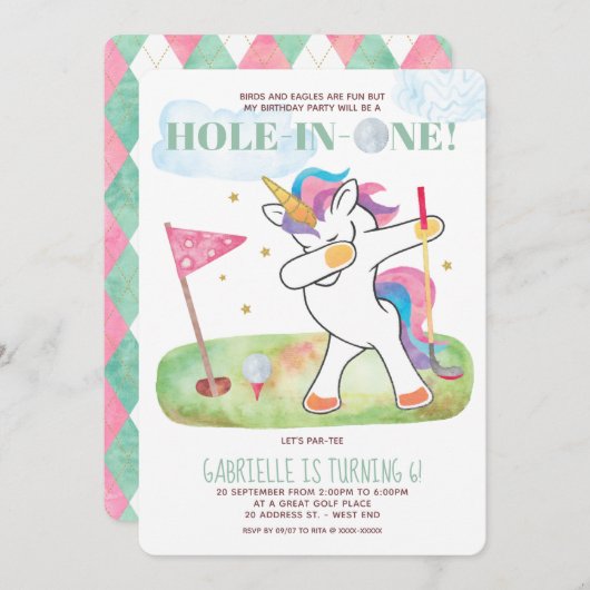 Invitation Unicorn Golf fête d'anniversaire (Devant / Derrière)