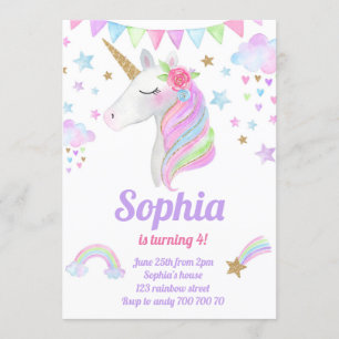 Invitation Unicorn Head Gold Rainbow Parties scintillant Girl