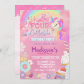 Invitation Unicorn inoubliable Donut Sweet 4e anniversaire en (Devant / Derrière)