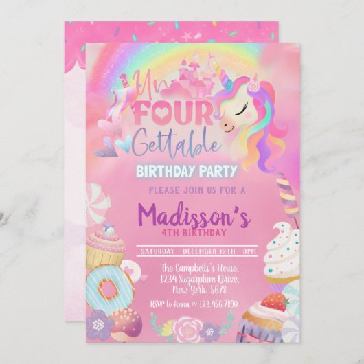 Invitation Unicorn inoubliable Donut Sweet 4e anniversaire en (Devant / Derrière)