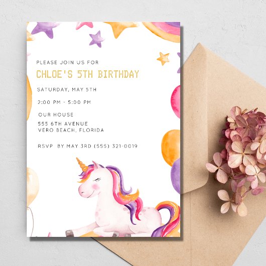 Invitation Unicorn Kids Girl 5e fête d'anniversaire