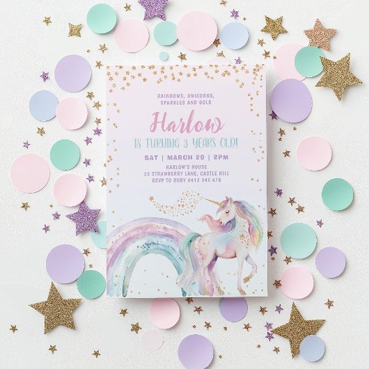 Invitation Unicorn Kids Pastel Rainbow Anniversaire