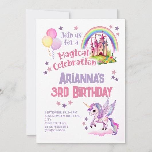 Invitation Unicorn Little Girl's 2nd Birthday (Devant)