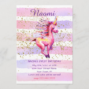 Invitation Unicorn Magic Watercolor Girl premier anniversaire
